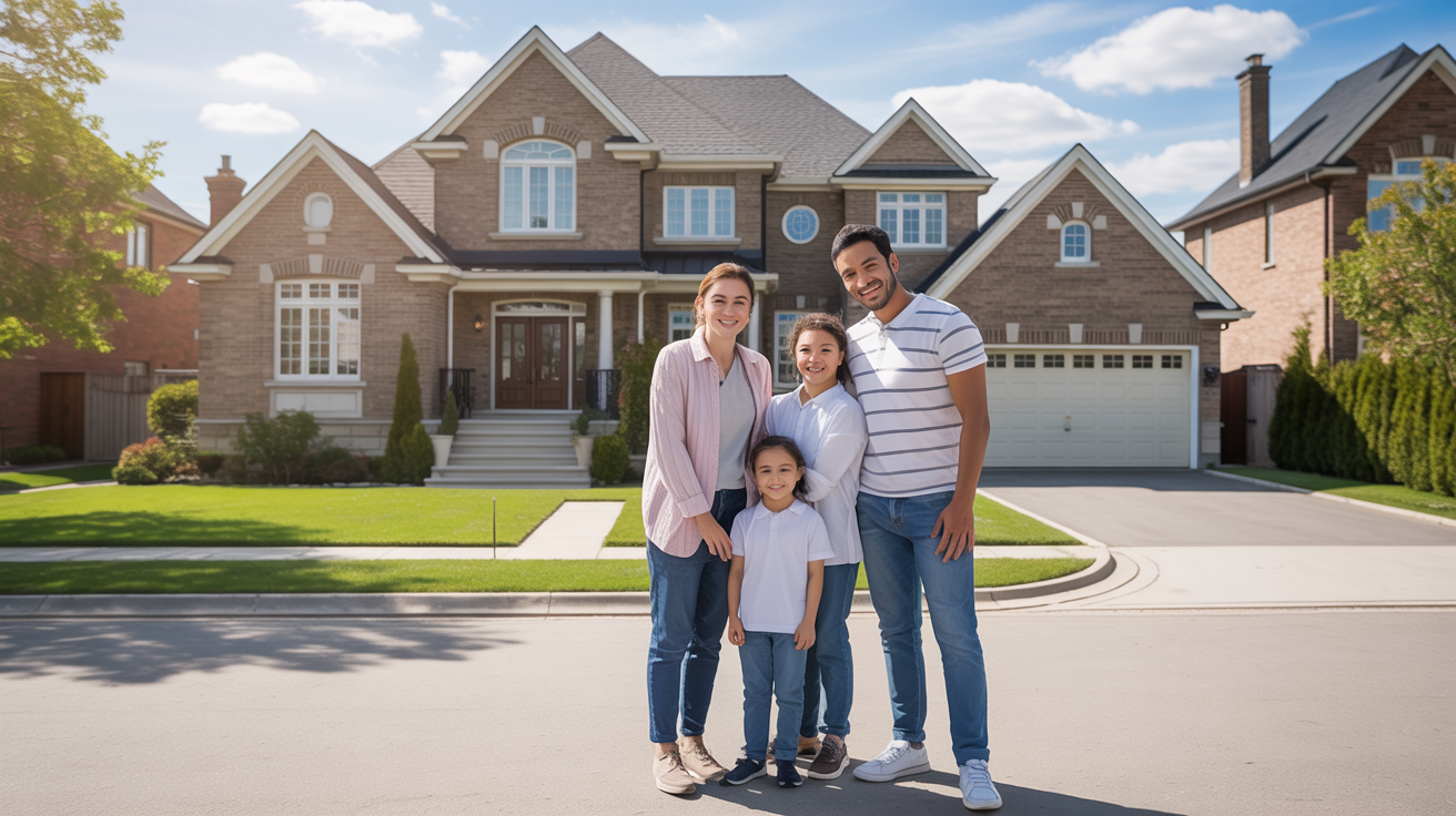 Happy family in front of their suburban GTA home
