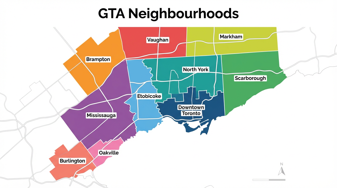 Stylized map of the Greater Toronto Area showing key regions: Downtown Toronto, Mississauga, Vaughan, Markham, Oakville, and more